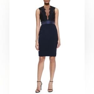 ◇$650 THEIA DEEP MIDTNIGHT SHEATH BLACK LACE TOP BLUE RUNWAY DRESS 0, 2